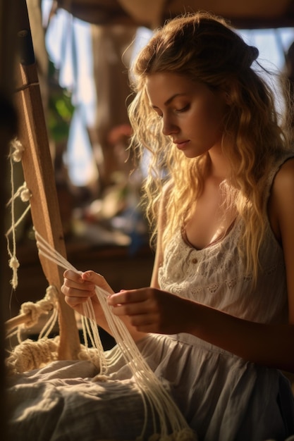 Kobieta haftująca przy oknie